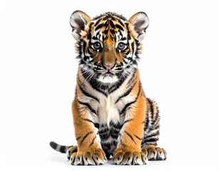 Fototapeta premium Adorable tiger cub seated upright. Orange and black stripes, expressive eyes. Paws outstretched, tail visible. Isolated against white backdrop