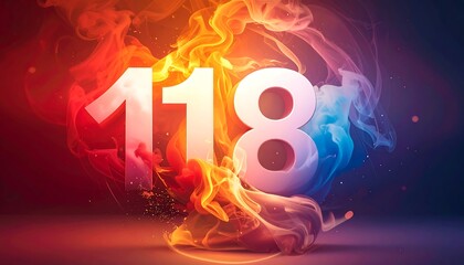 The large, white numbers "118" float against a vibrant backdrop of swirling fire and water, in a dramatic and colorful scene