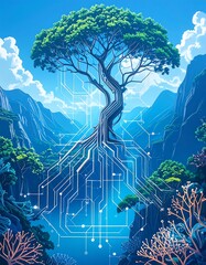 Digital tree, vibrant landscape, and circuitry