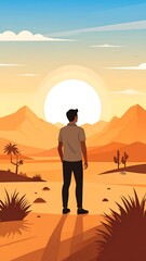 Man gazing at desert sunrise.  Silhouette of a man stands in a desert landscape facing a vibrant sunrise.  Golden hues paint the mountains and sand.  Flat, stylized design