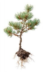 Young pine tree with visible roots against white background.  A small, light-green conifer sapling, with a slender trunk and branching needles, sits atop a mass of light brown roots.  