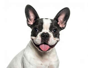 Fototapeta premium A cute black-and-white French Bulldog puppy with a bright, happy smile and perky ears, against a plain, bright, white background