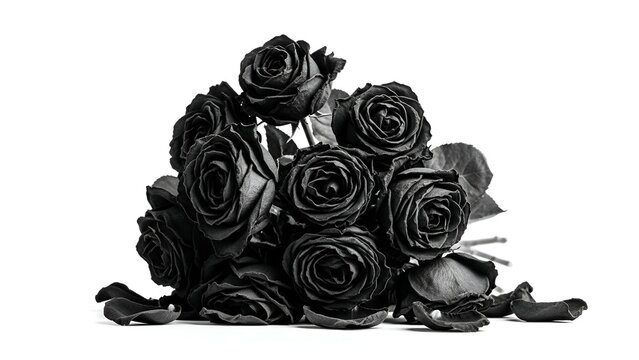 Elegant black rose bouquet with wilted petals on white background for artistic design and concept