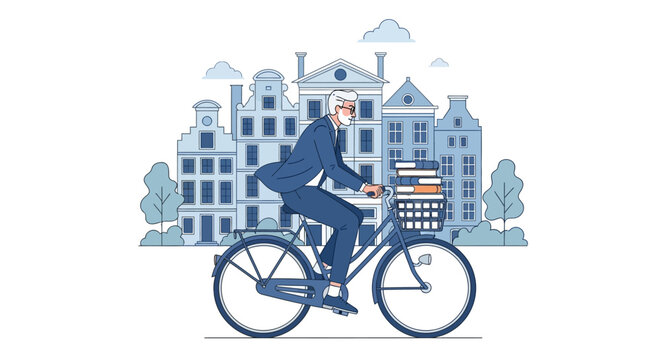 Elderly gentleman commutes on bicycle, carrying books in front of old European buildings, promoting active senior lifestyle, sustainable travel, and urban exploration, in a simple illustration