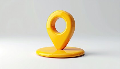 A vibrant yellow, glossy 3D rendering of a location marker icon, standing on a circular base against a muted grey backdrop