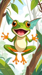 Cartoon frog with bat-like wings, joyful expression, jungle setting
