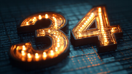 Glowing Neon Number 34 with Futuristic Lighting, perfect for use in digital art, gaming, or modern graphic design.