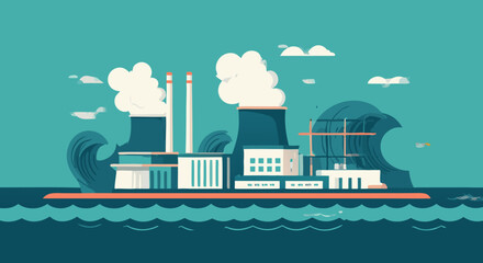 Industrial Island and Tsunami Wave: An illustrative depiction of an industrial island, with smoking chimneys, being menaced by a giant, powerful wave. A visual commentary on environmental challenges.