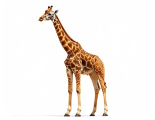 Tall giraffe with patterned hide standing against a plain backdrop, presenting a clear, well-lit full body shot