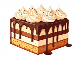 Cartoon depiction of a layered cake with chocolate ganache drip and dollops of cream, against a white background