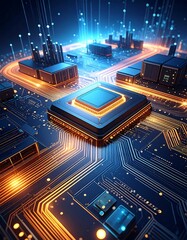 High-tech circuit board with central processor.  Cityscape-like digital pathways illuminate the complex circuitry