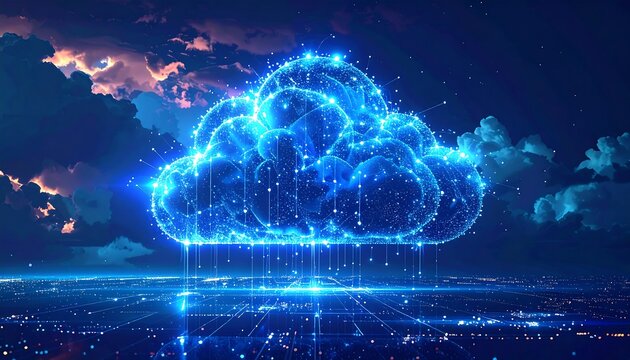 A glowing, digital cloud graphic, overlaid on a city skyline at night, with network connections - Powered by Adobe