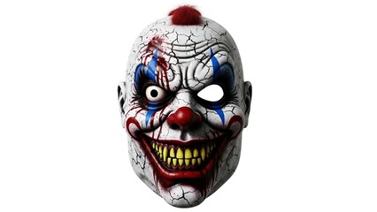 Scary clown mask with cracked paint and fake blood on blank white background