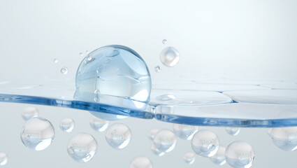 Hyaluronic acid serum drops absorb into the skin for hydration 3D render