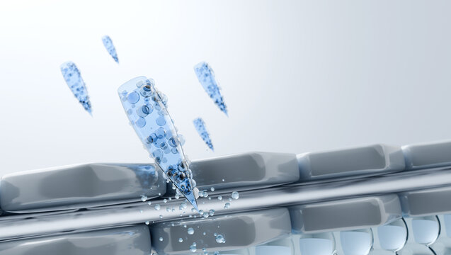 Microneedle or hydrolyzed sponge delivering serum into the skin 3d render