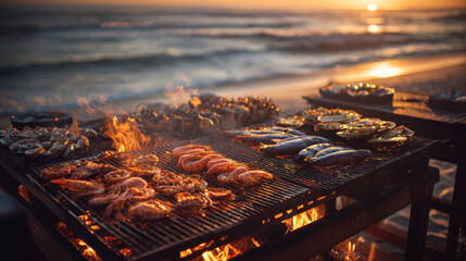 Grilling fresh seafood at sunset beach outdoor cooking event vibrant coastal atmosphere