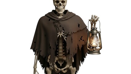 Eerie skeletal figure in a tattered cloak holding a glowing antique lantern, isolated on a stark white background, perfect for a haunting or dark fantasy theme