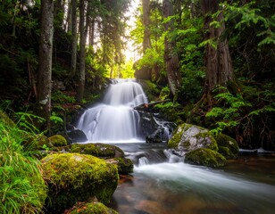 Cascading waterfall in a lush forest. Sunlight streams through the trees, illuminating a tranquil scene of mossy rocks and flowing water