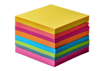 Stack of colorful sticky notes square memo pads in assorted bright colors, office stationery supplies isolated on white background