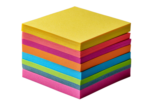 Stack of colorful sticky notes square memo pads in assorted bright colors, office stationery supplies isolated on white background