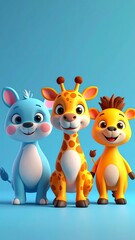 Three cartoon animals ? a blue, a giraffe, and a golden ? pose happily on a light-blue backdrop.  They have large eyes, cute features, and are in 3D style