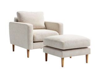 Modern beige upholstered armchair with matching ottoman footstool and wooden legs, stylish living room furniture isolated on white background