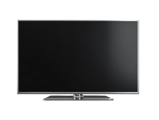 Flat screen LED television with black display and silver stand, modern electronic home entertainment device isolated on white background