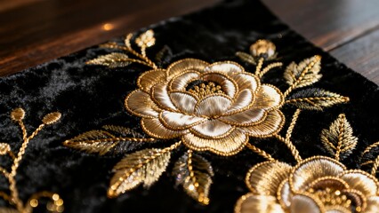 An intricately embroidered golden floral design on a luxurious black velvet fabric, showcasing detailed craftsmanship and elegant texture.