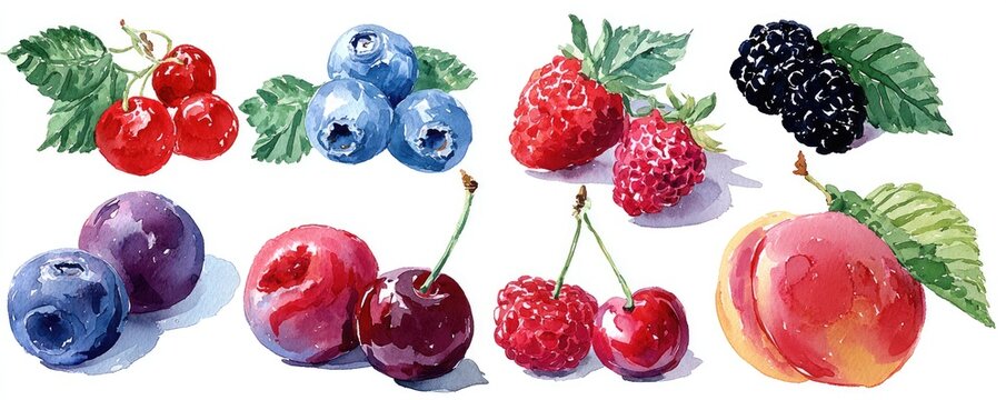 Watercolor illustration of various colorful berries and fruits