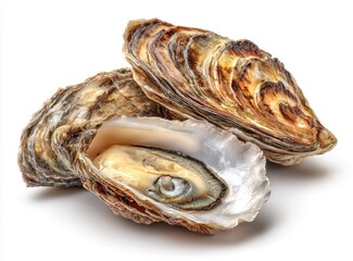 Two fresh oysters, one open, on white background