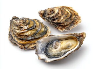 Three fresh oysters, two closed, one open, on a white background