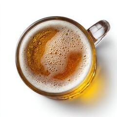 Top-down view of a mug of light amber beer. Foamy head atop the drink.  Clear glass mug with handle