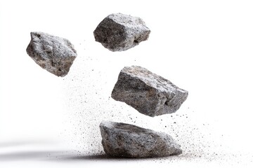 Four gray rocks levitate, suspended in mid-air, surrounded by a cloud of fine dust