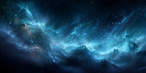 Obraz premium Stunning Dark Cosmic Background with Shimmering Stars and Nebulae Displaying Various Shades of Blue and Deep Space Elements