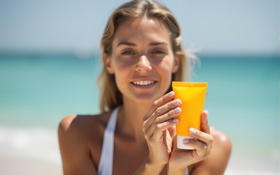 Woman applying suntan lotion. High quality