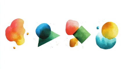 Abstract watercolor shapes.  Four vibrant,  overlapping, painted shapes,  various colors, including  reds,  blues,  greens,  yellows, and oranges.  Geometric forms like circles.