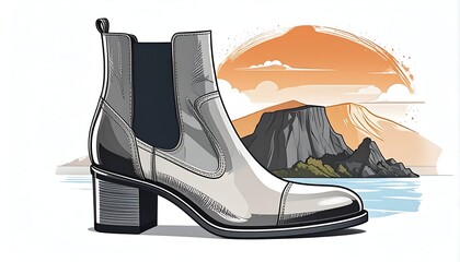Stylish ankle boot illustration against a scenic backdrop