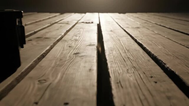 Isolated tool box casts long shadow on rustic weathered wood planks backdrop.