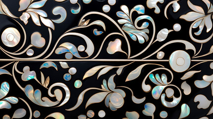 Korean Lacquerware Pattern Design, Intricate Mother-of-Pearl Inlay on Black Lacquer by traditional Korean Najeonchilgi