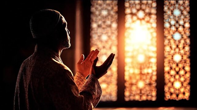 Man praying hands raised silhouetted against intricately patterned windows with bright light shining through