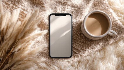 Smartphone, coffee cup, pampas grass on a beige fleece blanket. Sunlight casts soft shadows