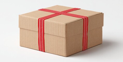 A light beige cardboard gift box, tied with red and white ribbon