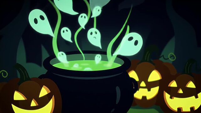 Spooky green potion bubbling in cauldron surrounded by ghosts and jack o lanterns halloween theme dark spooky atmosphere glowing jack o lanterns mystical halloween scene