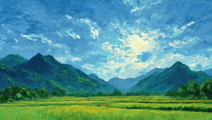 Fototapeta premium A vibrant landscape painting of rolling hills, lush greenery, and a vast expanse of golden fields under a vibrant, textured sky