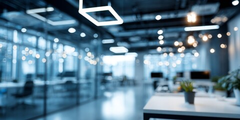 Obraz premium Modern office interior with blurred background and stylish furniture, featuring bright lights and a fresh atmosphere