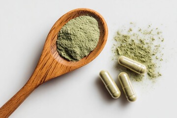Wooden spoon holding a light green powder, with scattered powder and capsules