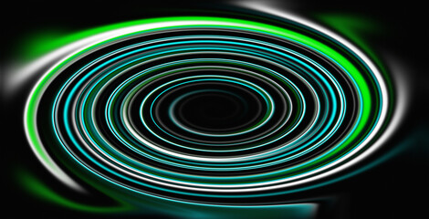 Stunning swirling pattern of vibrant green and blue neon lights creates a dynamic modern backdrop for technology, science, or futuristic designs