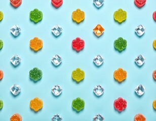 Pattern of colorful, soft gummy candies interspersed with clear, diamond-like ice cubes set against a light blue background