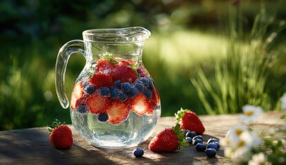 Refreshing fruit infused water in a glass pitcher, outdoors