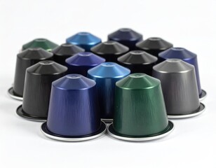 Multicolored coffee capsules are gathered tightly on a white surface in a studio shot, showcasing texture and color variation